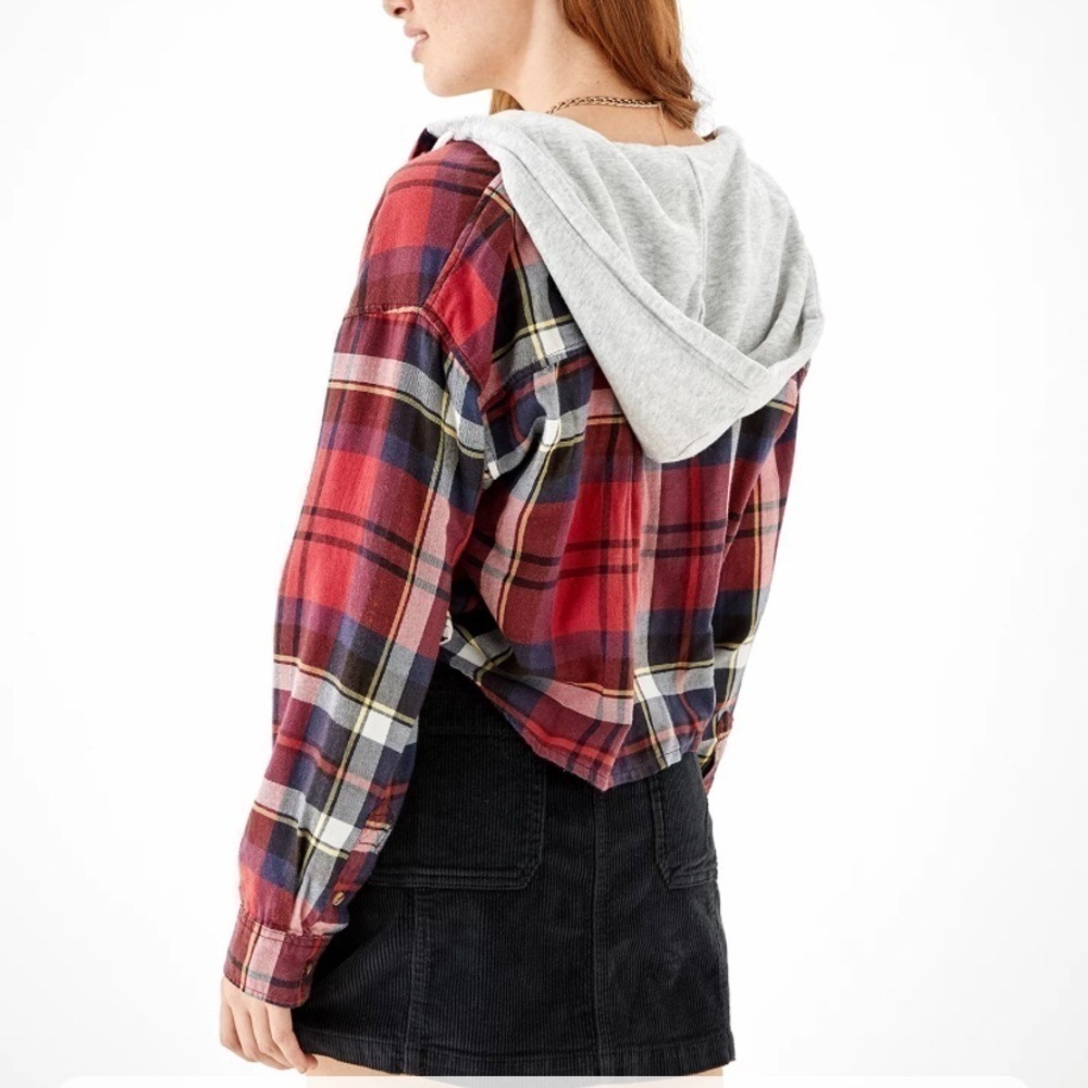 American Eagle Cozy Cabin Cropped Hoodie Flannel - Picture 2 of 8